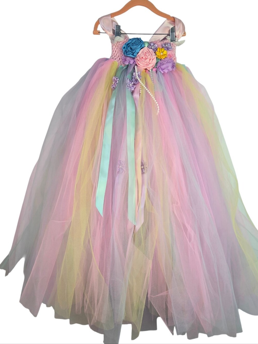 ANGEL TUTU Girls Size 6x-7 Pastel Floral Tulle Dress, Flower Embellishments - Picture 1 of 11
